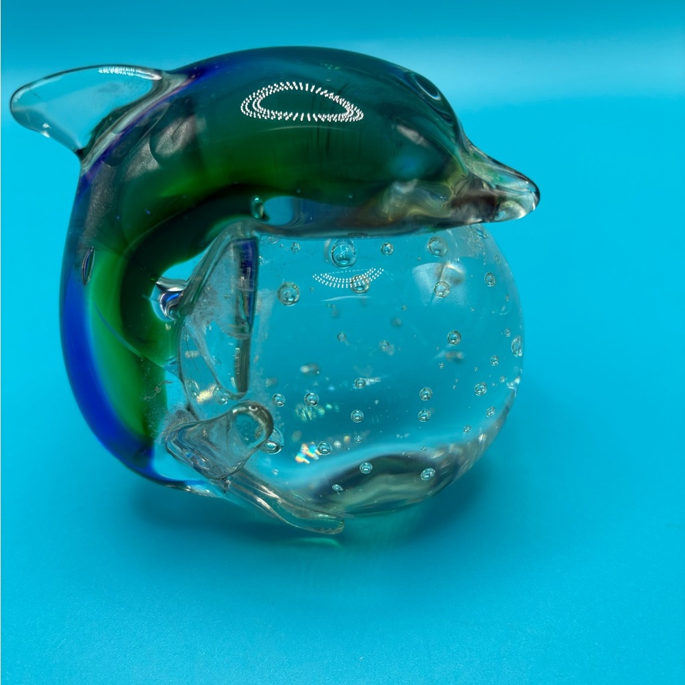 Glass Dolphin Figurine/ paperweight with blue and Green Accents